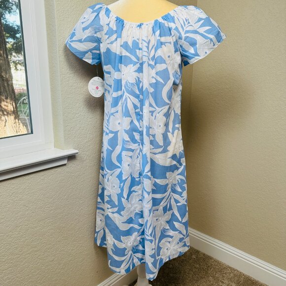 Hilo Hattie Muu Muu Dress Womens L Short Sleeve Blue White Floral Midi Hawaii - Picture 5 of 13